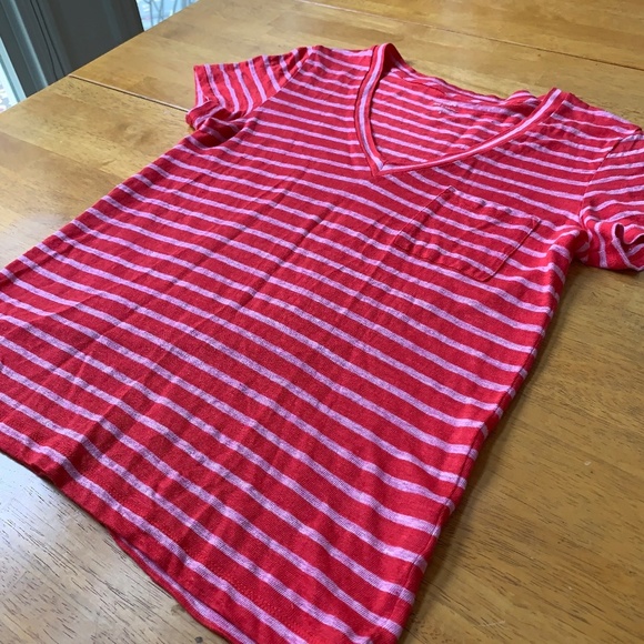 J. Crew Love Linen Front Pocket Red & Pink Stripes Short Sleeve T-Shirt, Size S - Picture 2 of 7
